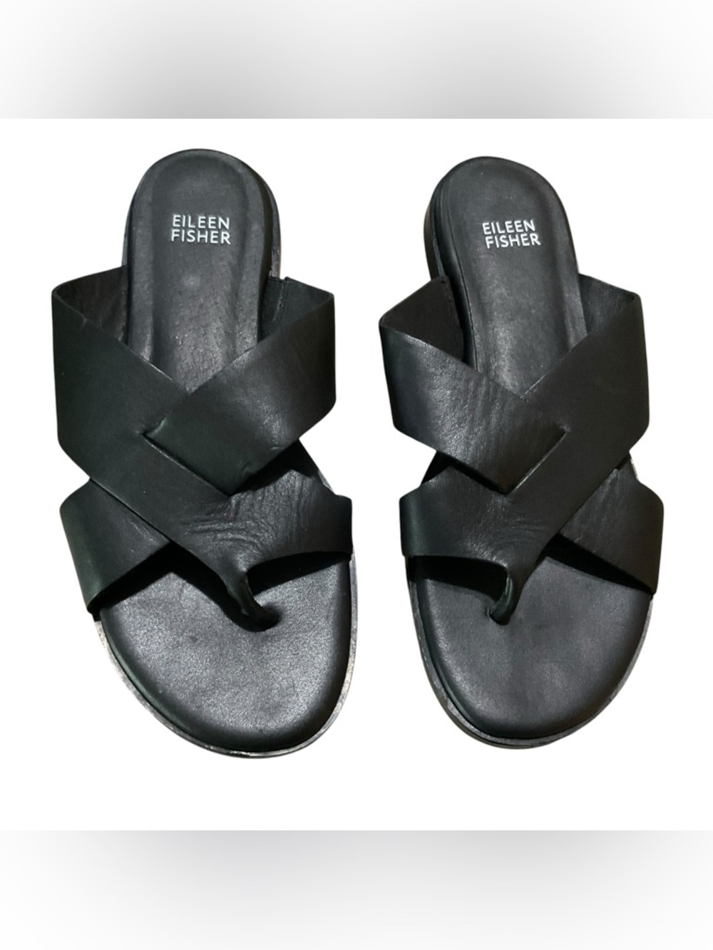 Eileen Fisher Black Leather Crisscross Slide Sandals Toe Loop Size 8